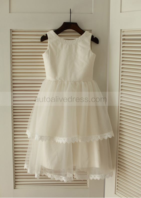 Ivory Cotton Lace Tulle  Flower Girl Dress 